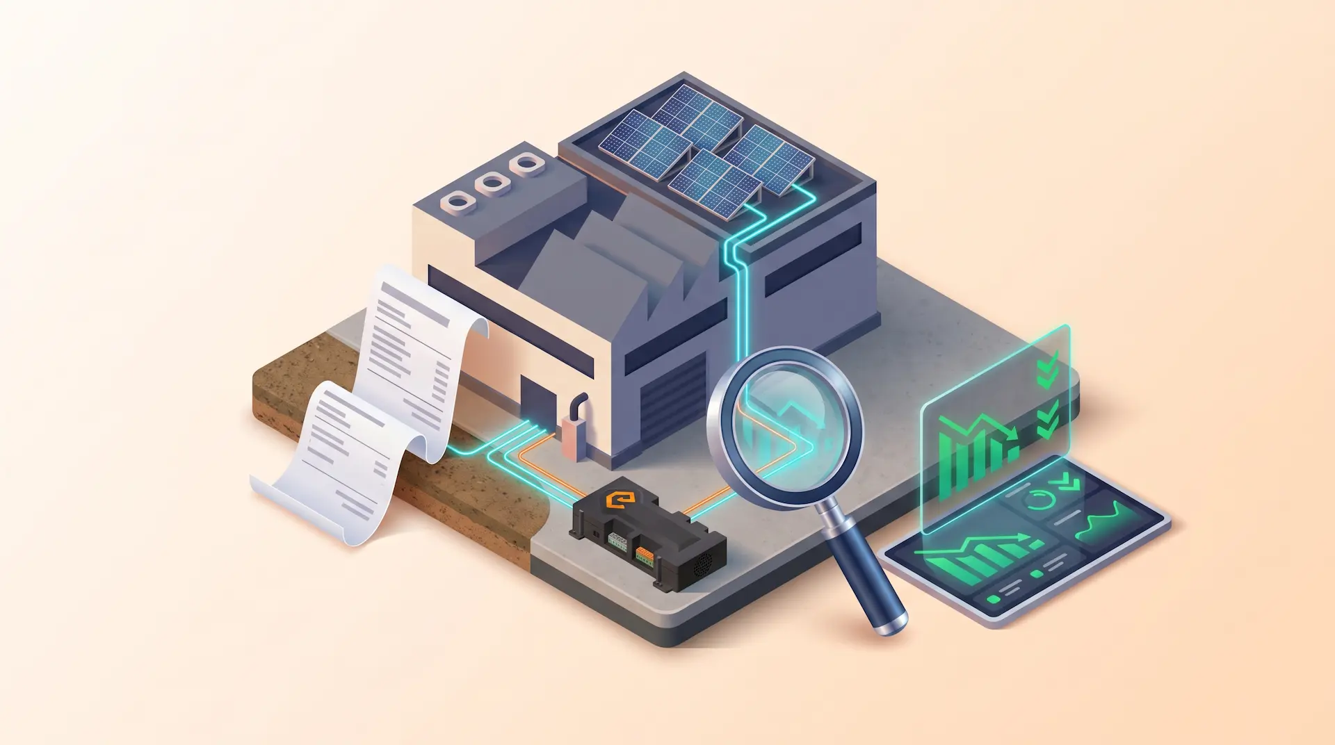 Illustration of a factory with solar roof, an electricity bill, a monitoring gateway and a dashboard showing falling energy use