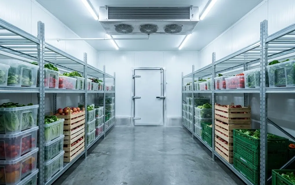 Cold room with racks of fresh produce in crates and a ceiling cooling unit