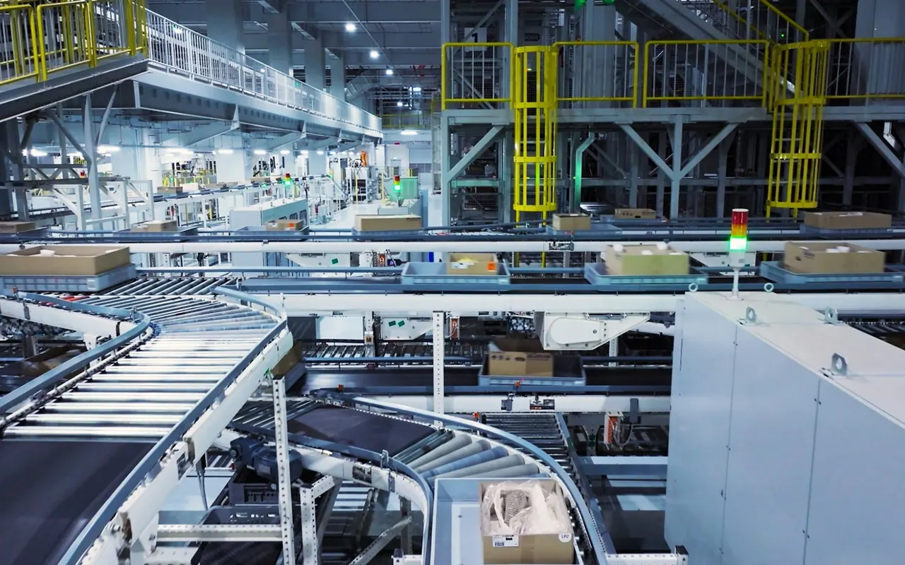 Conveyor lines carrying boxes in an automated plant